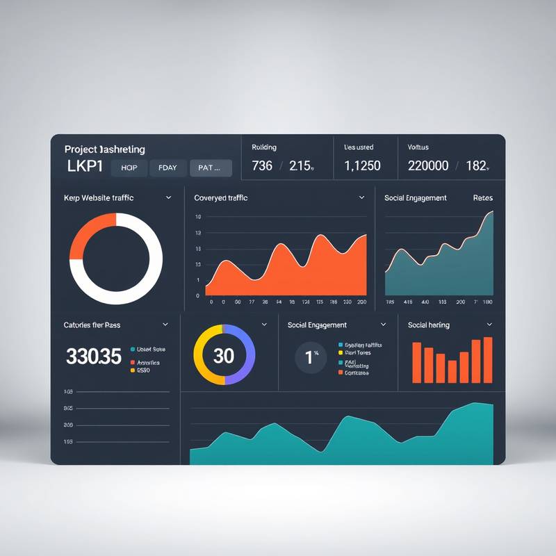 A visual representation of a digital marketing dashboard, showing key performance indicators like website traffic, conversion rates, and social media engagement.