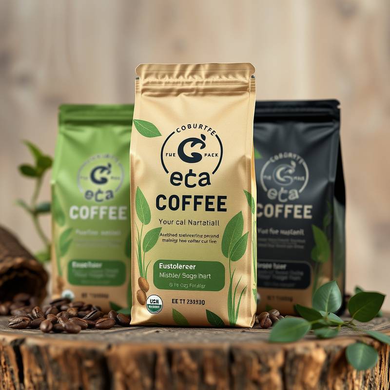 Branding design for a sustainable coffee company, highlighting eco-friendly packaging and a natural color palette.