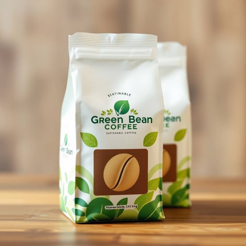 Eco-friendly branding design for 'Green Bean Coffee', emphasizing sustainable packaging and natural color palettes.