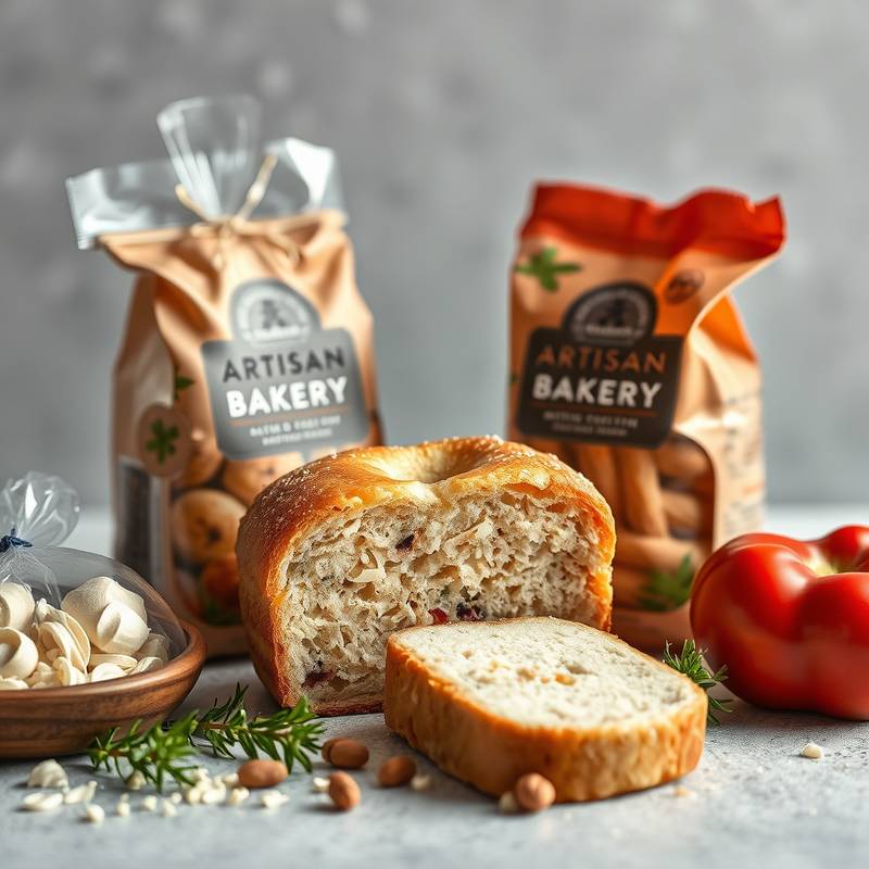 Visual identity and packaging design for 'Artisan Bakery', showcasing fresh ingredients and a crafted aesthetic.